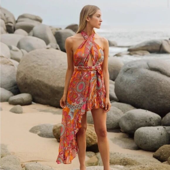 Red and Orange Sleeveless Sundress with Asymmetrical Length for Resort Wear - Picture 6 of 8